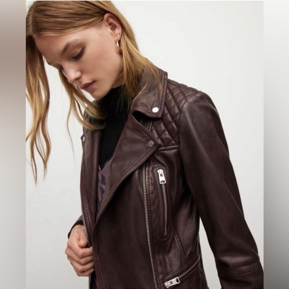 ALLSAINTS Cargo Distressed Leather Biker Jacket Brown Size 0